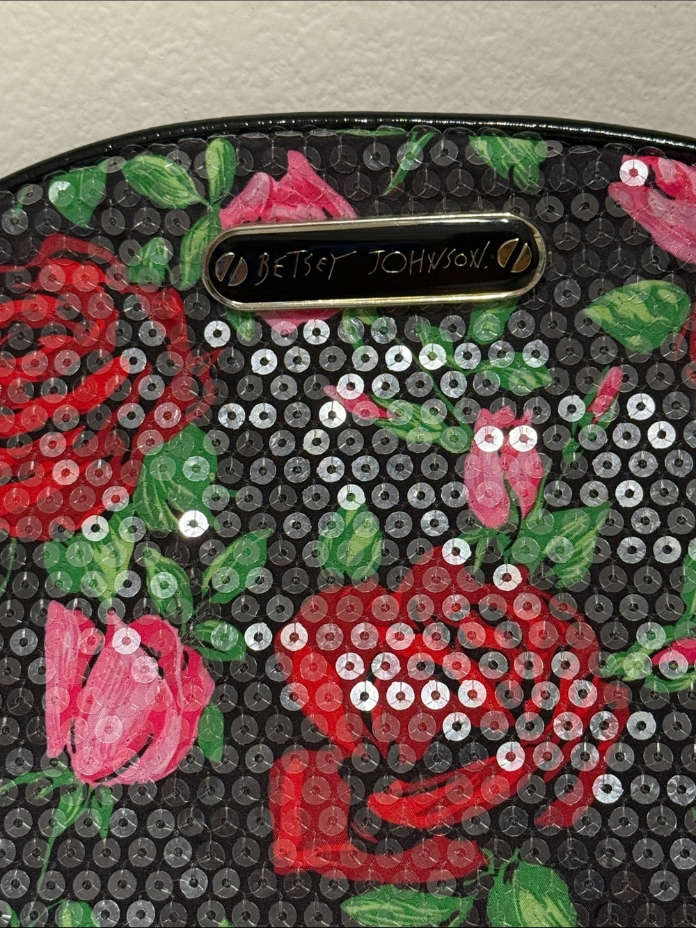 Betsey Johnson Black Sequin Floral Cosmetic Pouch with Red & Pink Roses